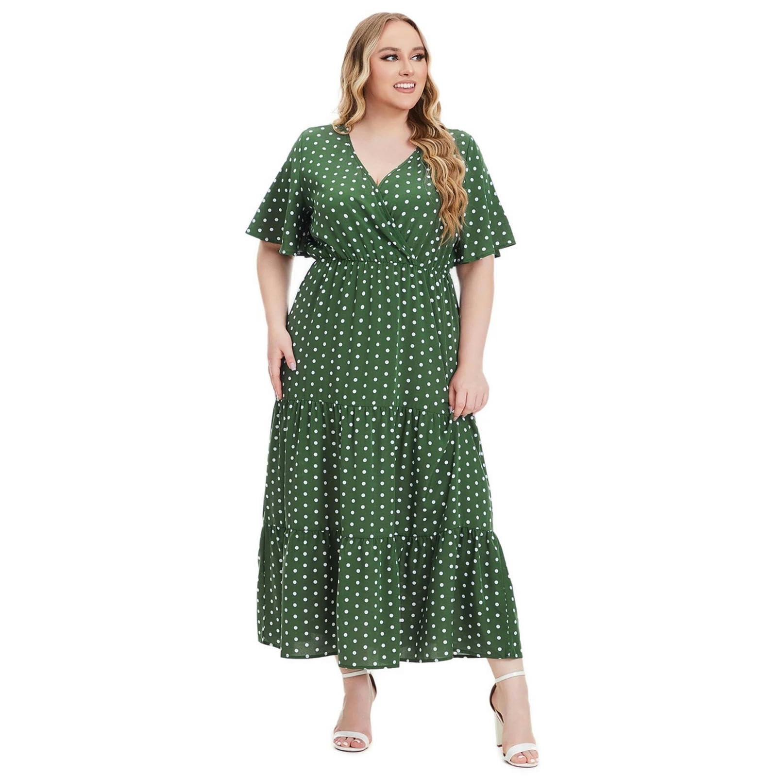 Casual Plus Size Polka Dots Dress Estate Manica Corta Scollo a V Sciolto Maxi Abiti Casuali, HUTALIM, Rosso, 3XL