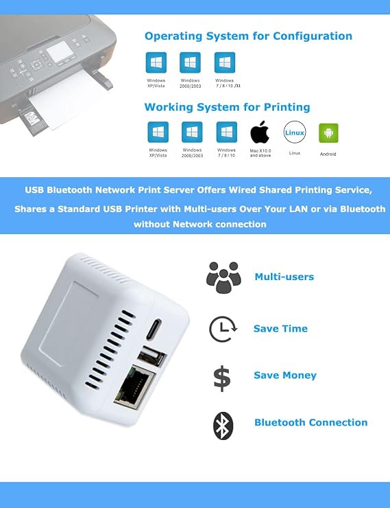 Network Bluetooth Printer Adapter for USB Print Server USB Printer No WiFi