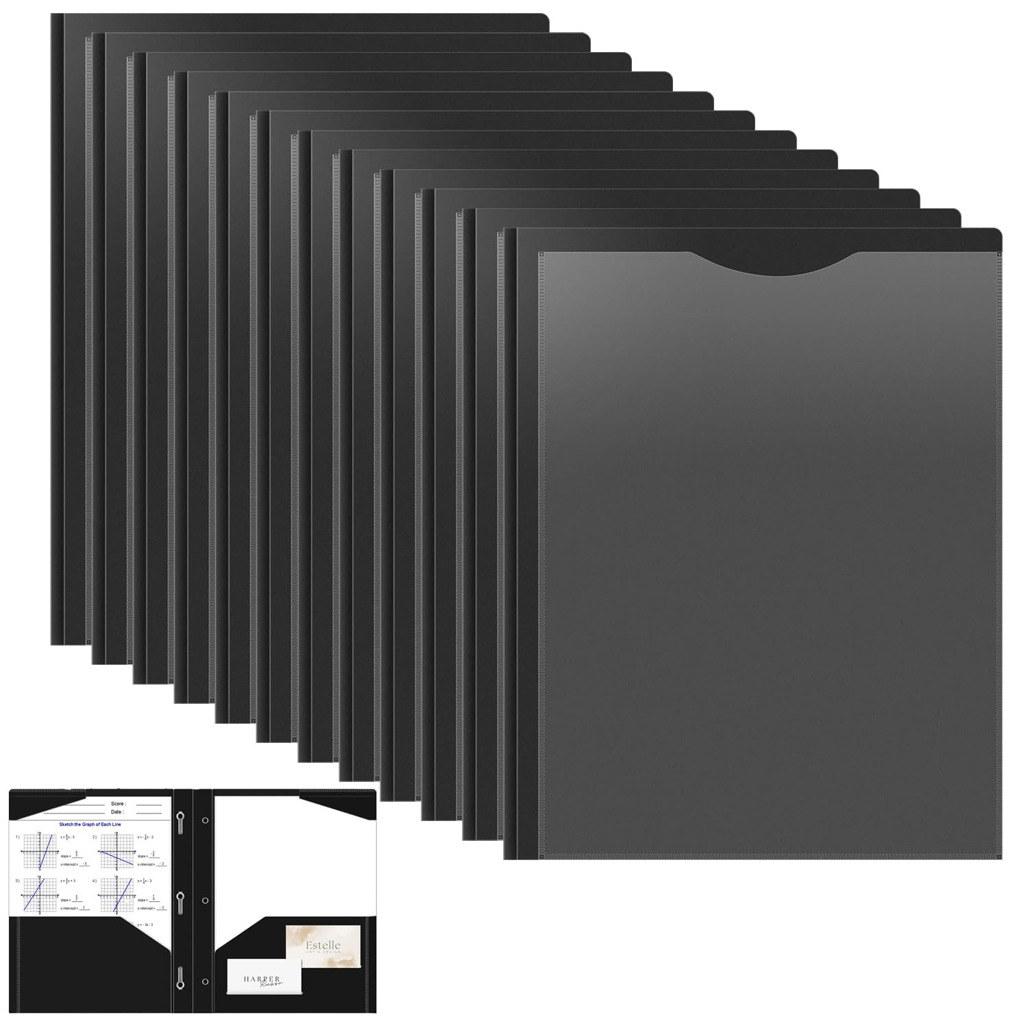 OTCRAFT 12 Pack A4 Pocket Plastic Folder 2 Pockets and 3 Prongs 2 Card Slots, Durable, Tear-Resistant Heavy Duty Pocket Folders with Prongs, Colored Prong Folders for Schoolwork & Officer(Black)