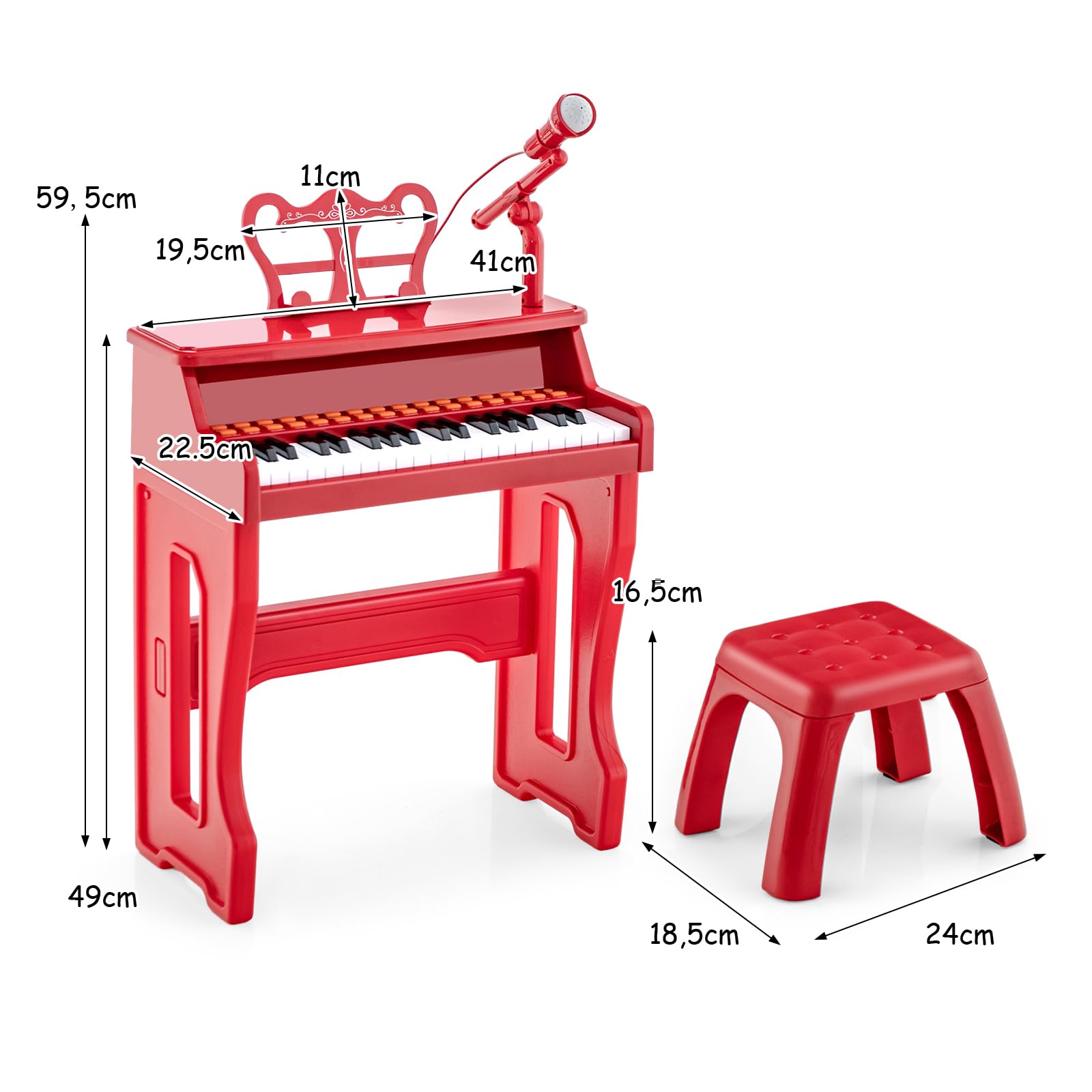 KOMFOTTEU Pianola Bambini Musicale Tastiera, Tastiera Digitale a 37 Tasti, Mini Tastiera per Bambini con Effetti Luminosi e Microfono, Strumenti Musicali con Sgabello, 22 Battiti/8 Toni/8 Ritmi, Rosso