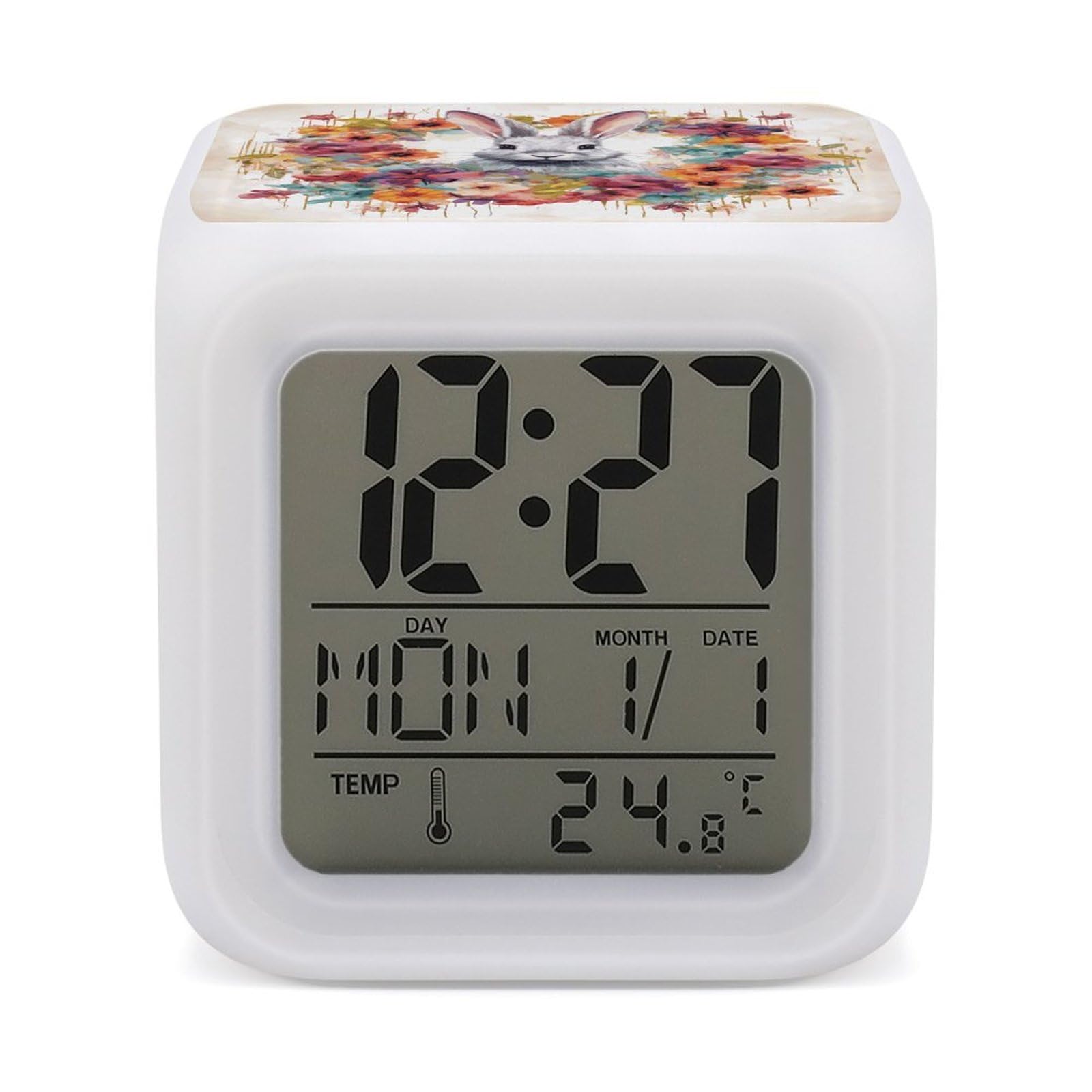 DWVTSLH Watercolor Rabbit and Flowers Alarm Clock with 7 Color Changing Night Light, Wake Up Digital Clock for Bedroom, Bedside Cube Clock with Date, Temperature, Battery Operated Desk Clock Gift