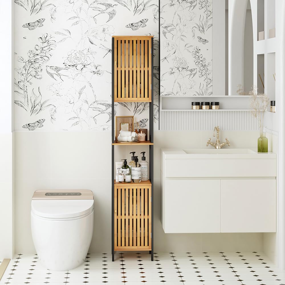 Colonne Rangement Salle de Bain/Meuble de WC - Gain de Place, Noir et Bois Clair – Structure MDF + Bambou Véritable – Finition Bois Naturel – Déco Zen, Idéal pour Toilettes et Salle de Bain