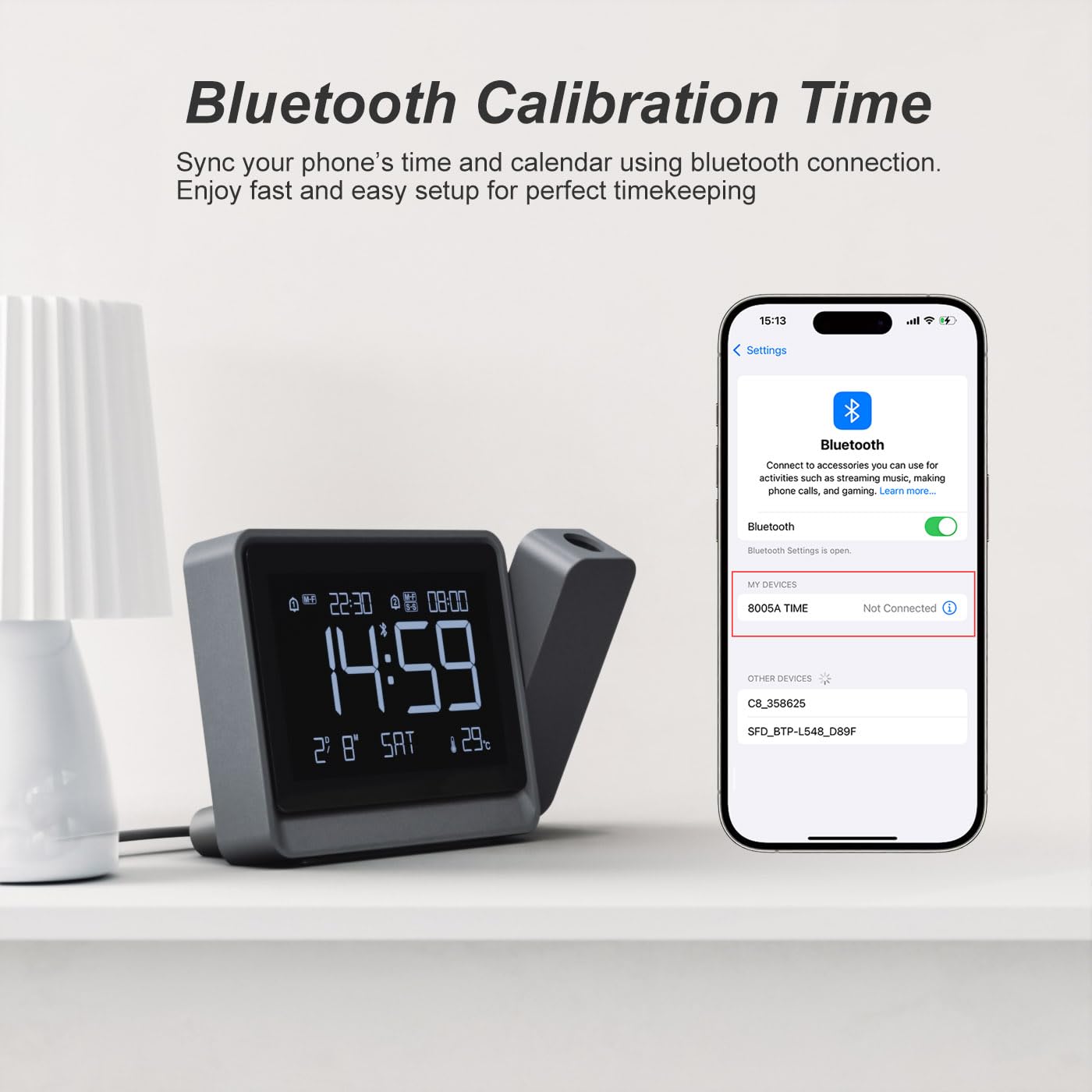 Reloj de Proyección Digital con Ajuste de Enfoque para Dormitorio - Proyector Giratorio de 180°, Sincro de Hora por Bluetooth, Alarmas Dobles, Fecha, Temperatura, Atenuador 4 Niveles, Snooze