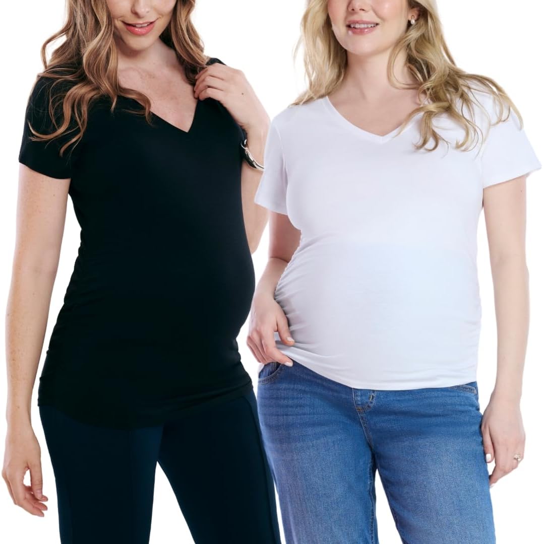 Motherhood Maternity Women's Short Sleeve Side Ruched V-Neck Pregnancy T-Shirt