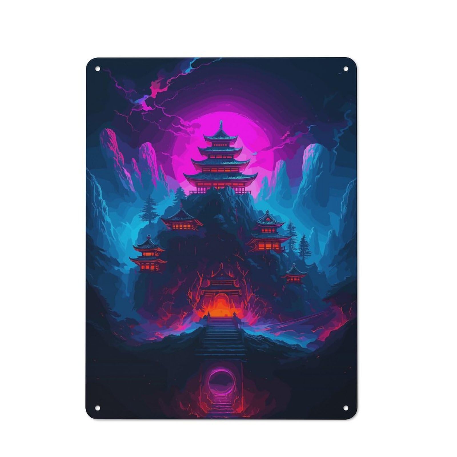 Neon Japanese Temple Landscape Printed Tin Plaque for Seasonal Kitchen, Dining Room Or Entrance, Festive Gift for Home Decor Lovers, 40x30cm