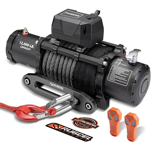RUGCEL WINCH 12000lb 12V Truck Waterproof Electric Black Synthetic Rope Electric Winch with Hawse Fairlead,Wired Handle,2 Wireless Remote Control,Trailer Winch