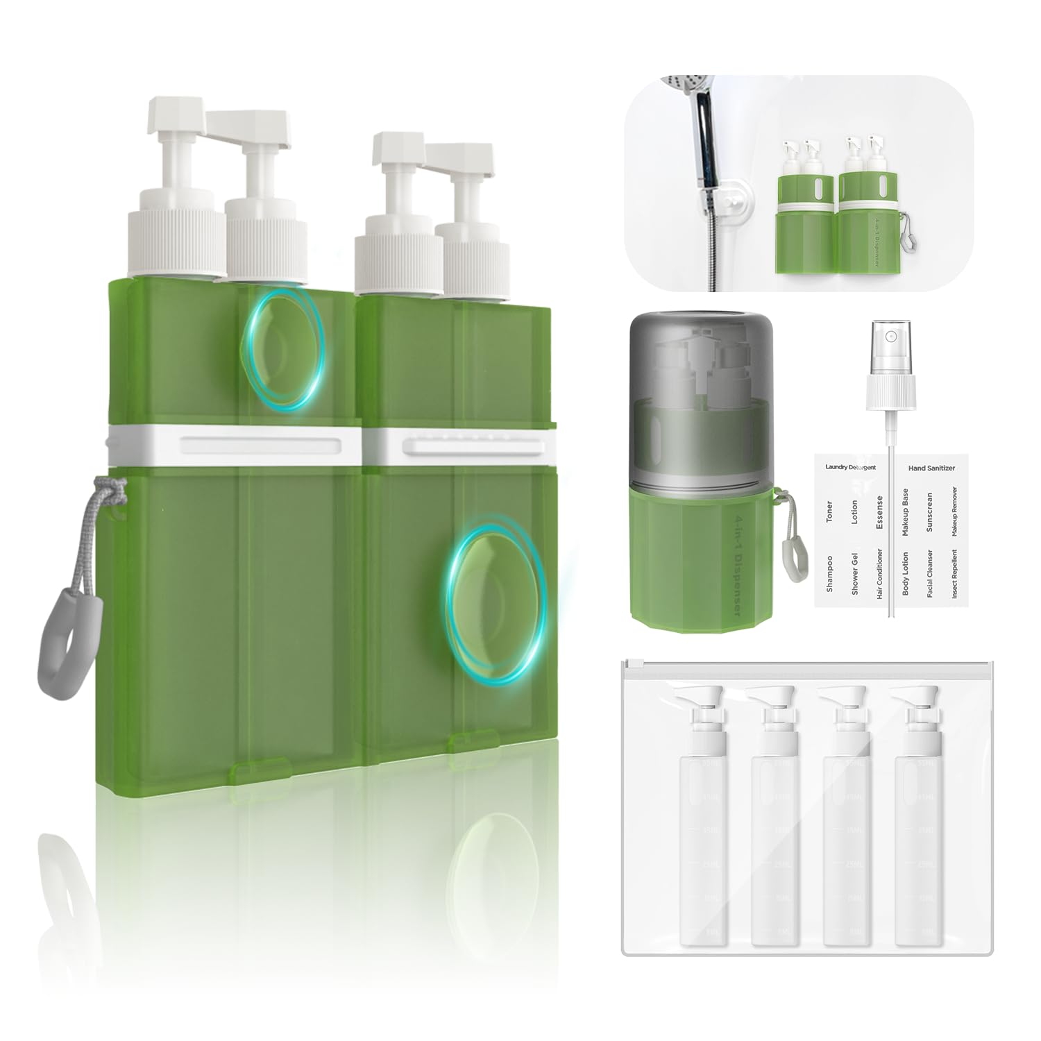 YOTIME 4in1 Travel Bottles Set, Vacuum Silicone Suction Cup for Smooth Walls, TSA Approved Leak Proof Travel Size Containers for Toiletries, Shampoo, Body Wash and Conditioner, Green