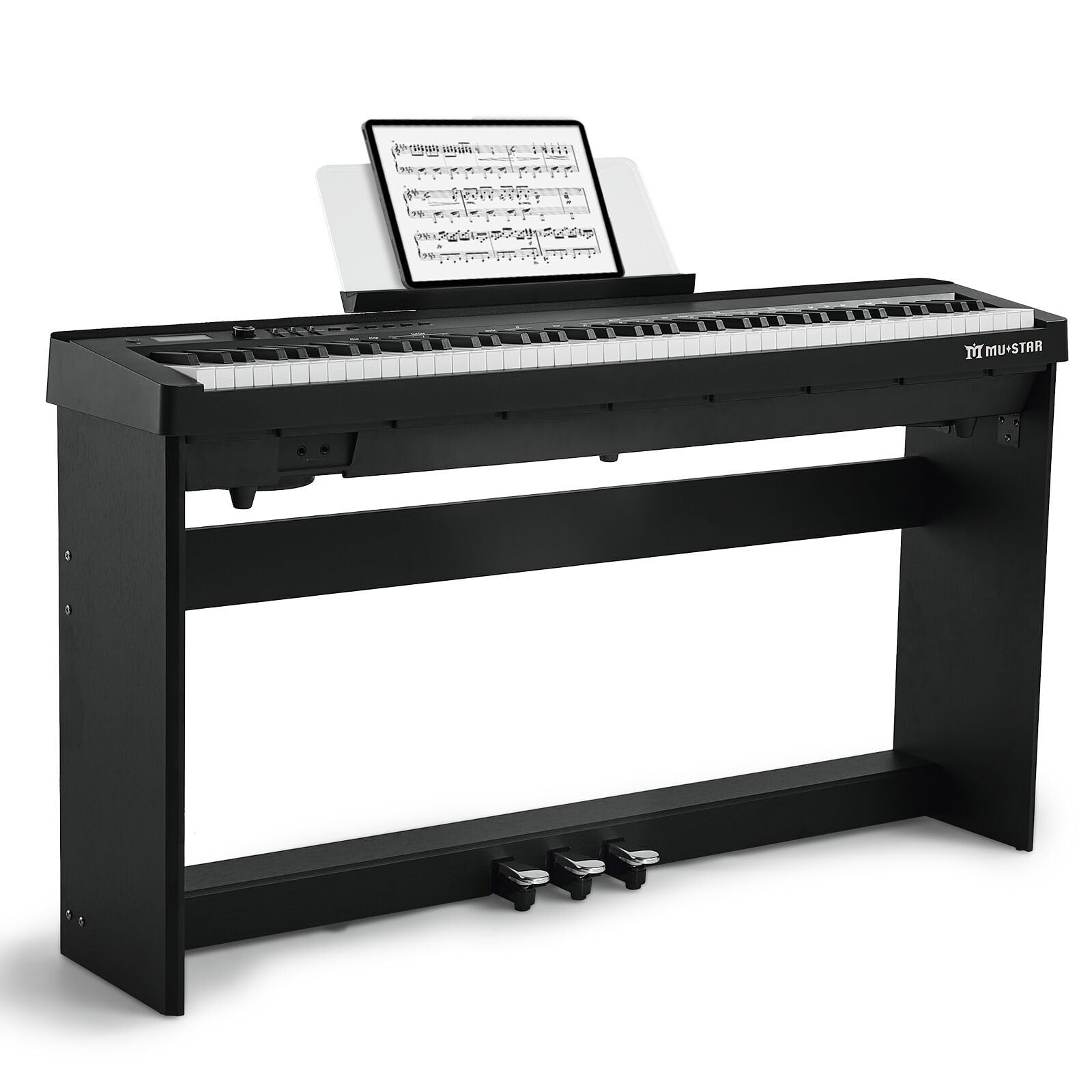 MUSTAR Piano digital de 88 teclas con mecanismo de martillo, piano clásico profesional, función dual y transpose, 3 pedales, soporte para piano, altavoz, USB/MIDI, negro