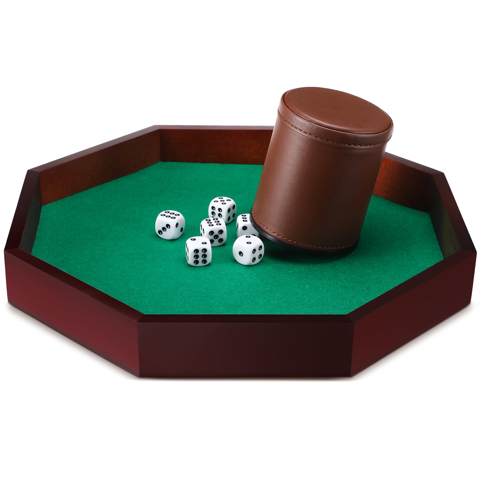 MiniInflat El juego de dados octogonal de Navidad incluye bandeja de dados de madera, forro de fieltro, taza de dados de piel sintética con 6 dados de puntos para juegos de mesa (café)