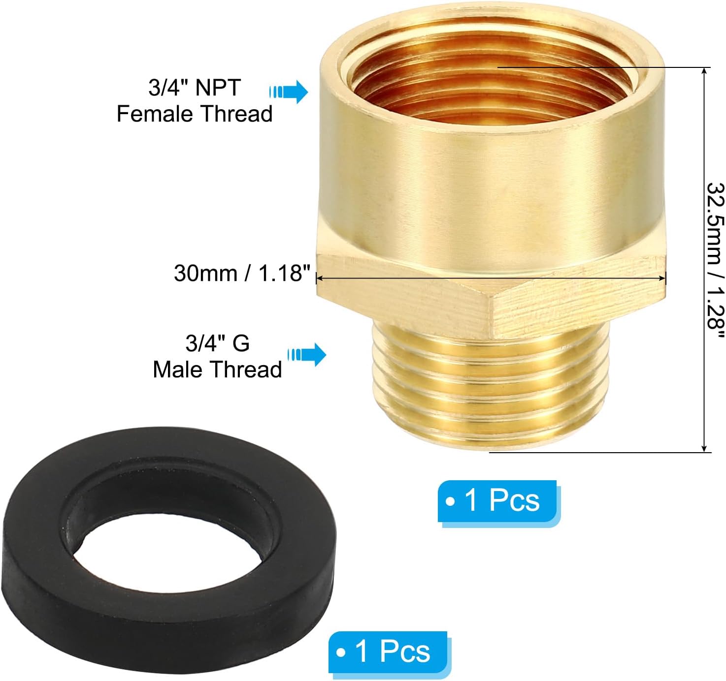 PATIKIL Brass Pipe Fitting Adapter, 3/4" NPT Female Thread x 1/2" G Male Thread Brass Reducer Hex Tubing Hose Connector Adaptor with Gasket for Plumbing