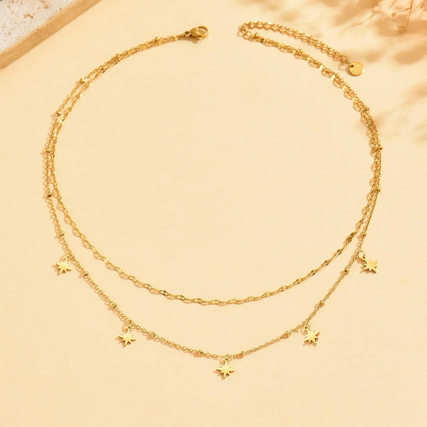 Layered Necklace for Women 18K Gold Plated,Double Layer CZ Star Sun Heart Charms,Lip Chain Minimalist Jewelry,Adjustable 14-16 Inch Everyday Boho - Image 6