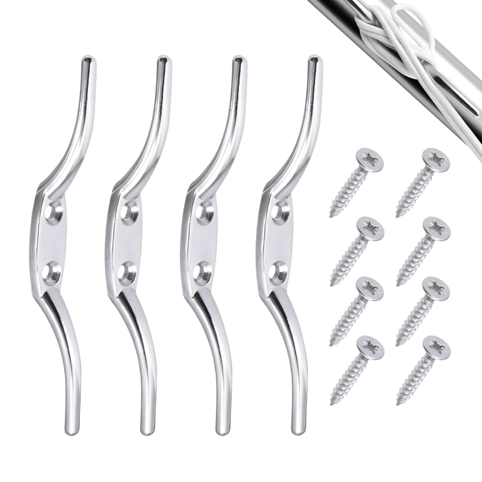 Uoxmiy Silver 4 Pcs Cleat Hooks With Screws 65Mm Metal Rust-Proof Rope Cleat Hooks For Washing Line Flagpoles Blinds Indoor And Outdoor Use (Silver)