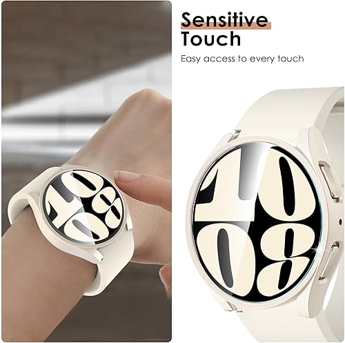 Miniatura 5 de EWUONU Paquete de 4 + 4 fundas protectoras de pantalla para Galaxy Watch 6 de 1.732 in 2023, película de vidrio templado antivaho y carcasa rígida