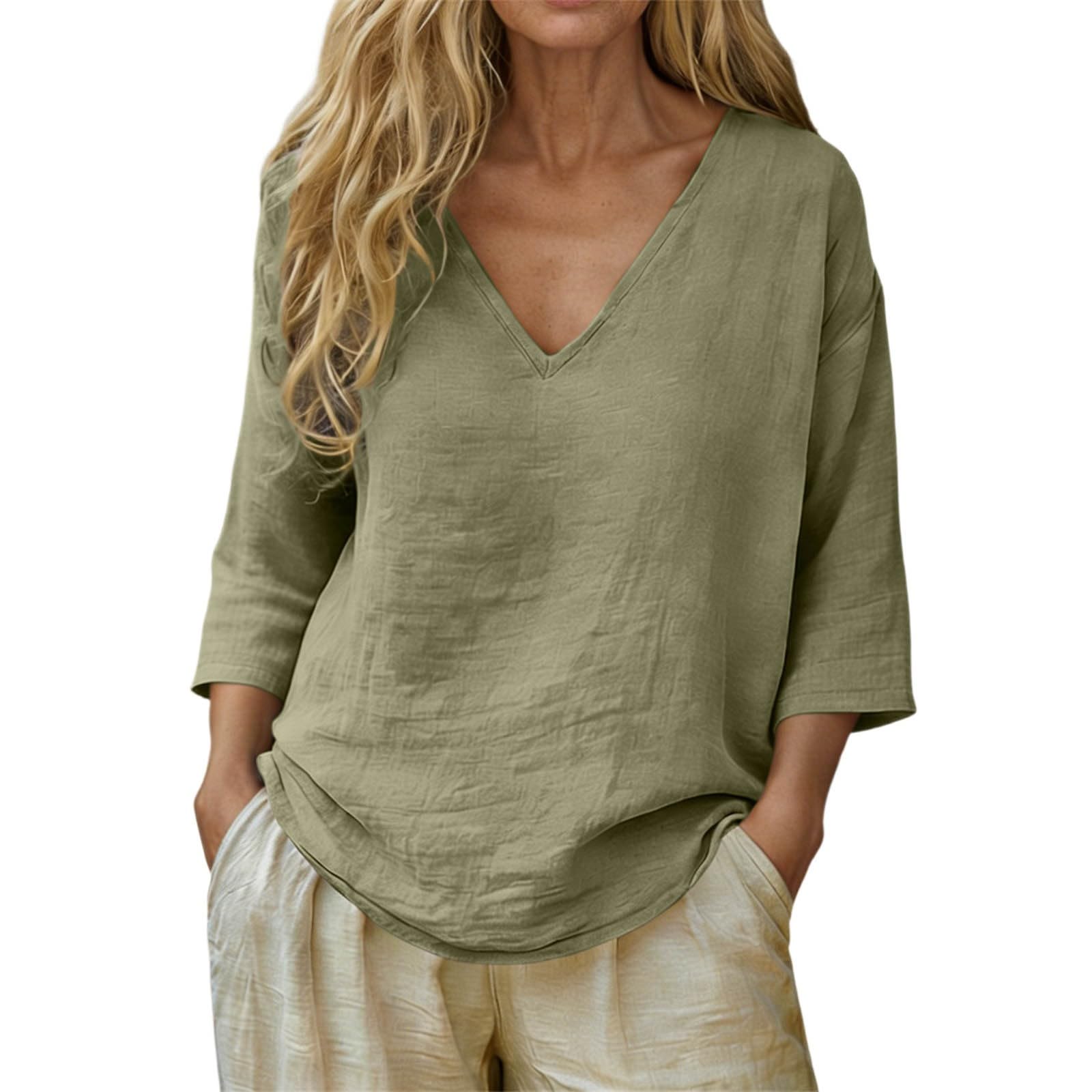Chemise Femme Coton et Lin Été Manche Longue Chemisiers et Blouses Chic et Élégante Grande Taille Chemisier Col en V Decolleté Chemises Couleur Unie Décontractée Hauts Léger Large de Plage Respirant