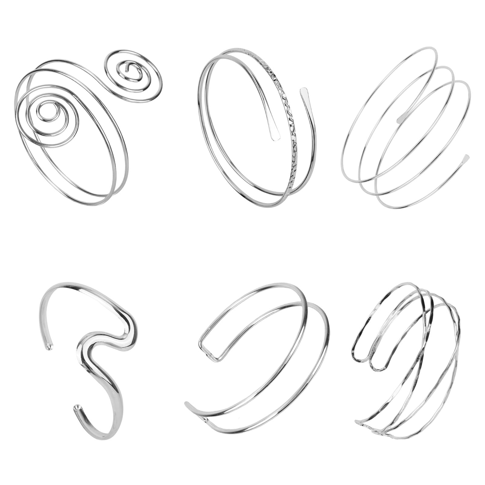 Mikovivi 6 Pulseras de Plata para el Brazo Superior Mujer, 6 Estilos Ajustables Brazalete Abierto Brazalete Minimalista con Espiral Joyería para Uso Diario Regalo Bohemio