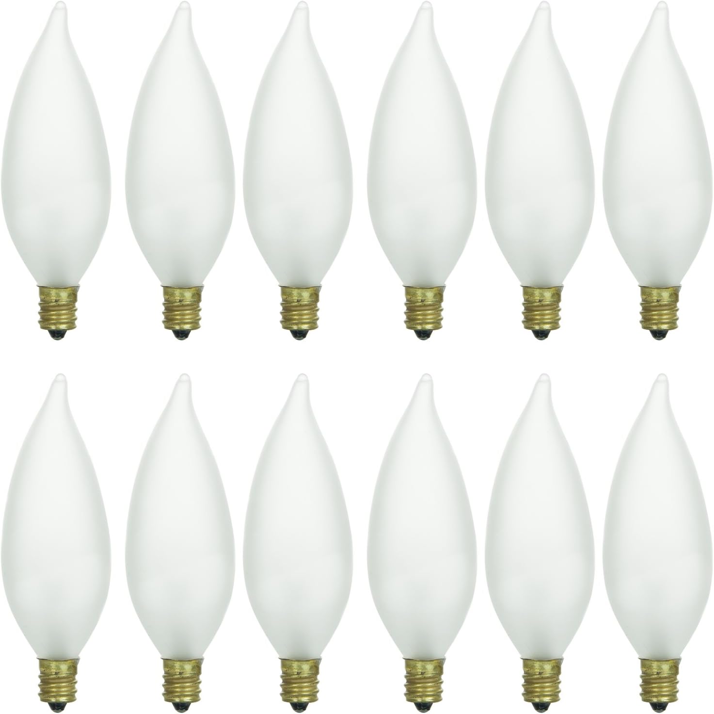 Sunlite 40026-SU Flame Tip Chandelier Light Bulbs, Frost, 25 Watts, Candelabra Base (E12), 120 Volt, Incandescent, Dimmable, 2600K Warm White, 12 Count