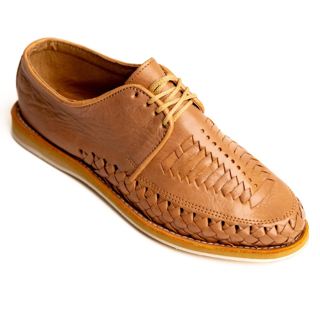 Mexico en la Piel Handmade Men’s Leather Huarache Sandals - Genuine Tan Leather, Closed-Toe, Lace-Up, Breathable, Comfortable, Crepe Sole, Sizes 7-13