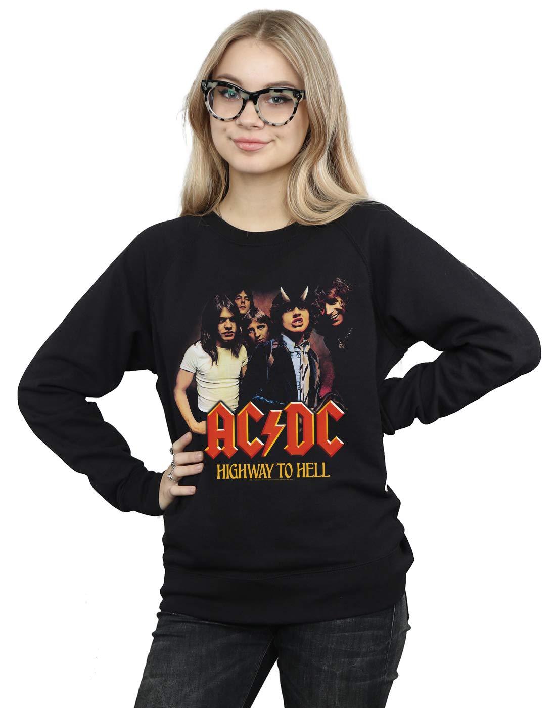 Absolute Cult Women's Black Acdc Highway To Hell Group Sweatshirt Medium