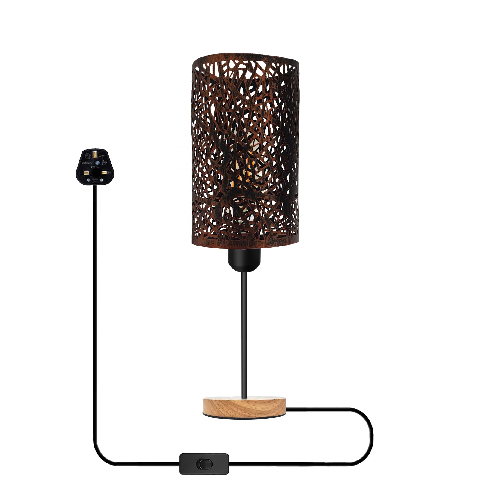 Wooden Stand Bedside Table Lamp Modern Round Nightstand Lamp with Solid Wood Desk Metal Barrel Cage With 3 Pin Plugin On/Off Switch Control Lamp for Bedroom without bulb (Style 7 - Brushed Copper)