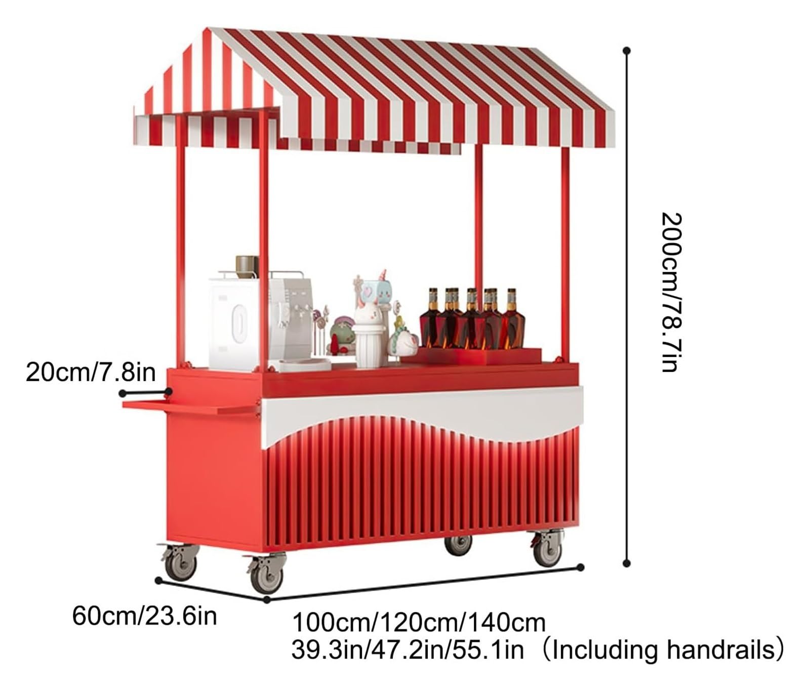 Carro móvil for Venta de Alimentos con Ruedas: Puesto de Mercado de Metal Resistente for refrigerios, Bebidas y Perritos Calientes(Red,140cm/55.1in)