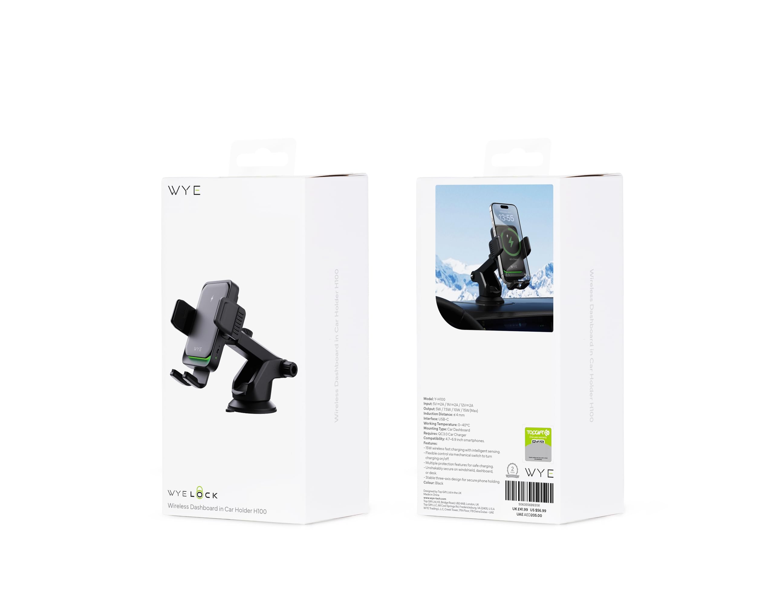 WYE Cargador inalámbrico de coche de 15 W con sujeción automática inteligente, soporte para salpicadero y parabrisas, soporte de carga rápida USB-C para iPhone, Samsung y smartphones Qi, color negro