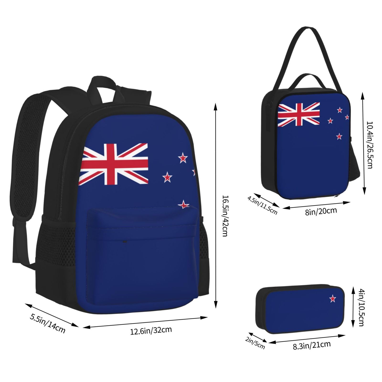 Set di matite con zaino per la scuola con bandiera della Nuova Zelanda | Durevole Laptop Bookbag Combo Per Studenti Universitari Adulti Viaggio Daypack Isolato Box Matita Caso
