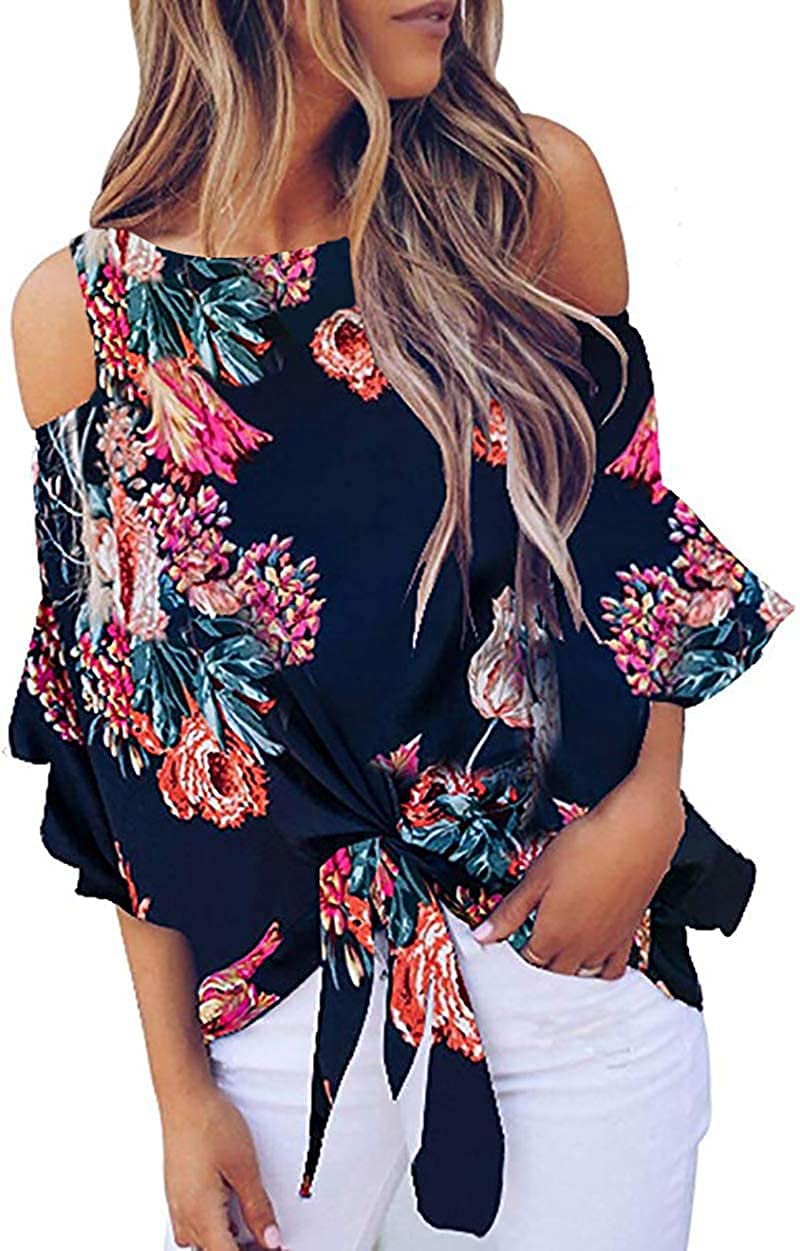 Chuanqi Womens Cold Shoulder Blouse Bell Sleeve Tie Knot Casual Summer Shirt Tops