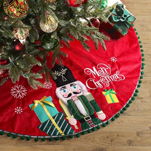 OVEELER Nutcracker Christmas Tree Skirt, 32 Inch Red Soft Xmas Tree Skirt for Holiday Party Indoor Outdoor Decorations