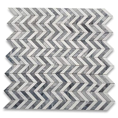 Stone Center Online Carrara White Marble & Bardiglio Gray 1x4 Chevron Mosaic Tile Honed Kitchen Bath Wall Floor Backsplash Shower (1 Sheet) - Thumbnail 2