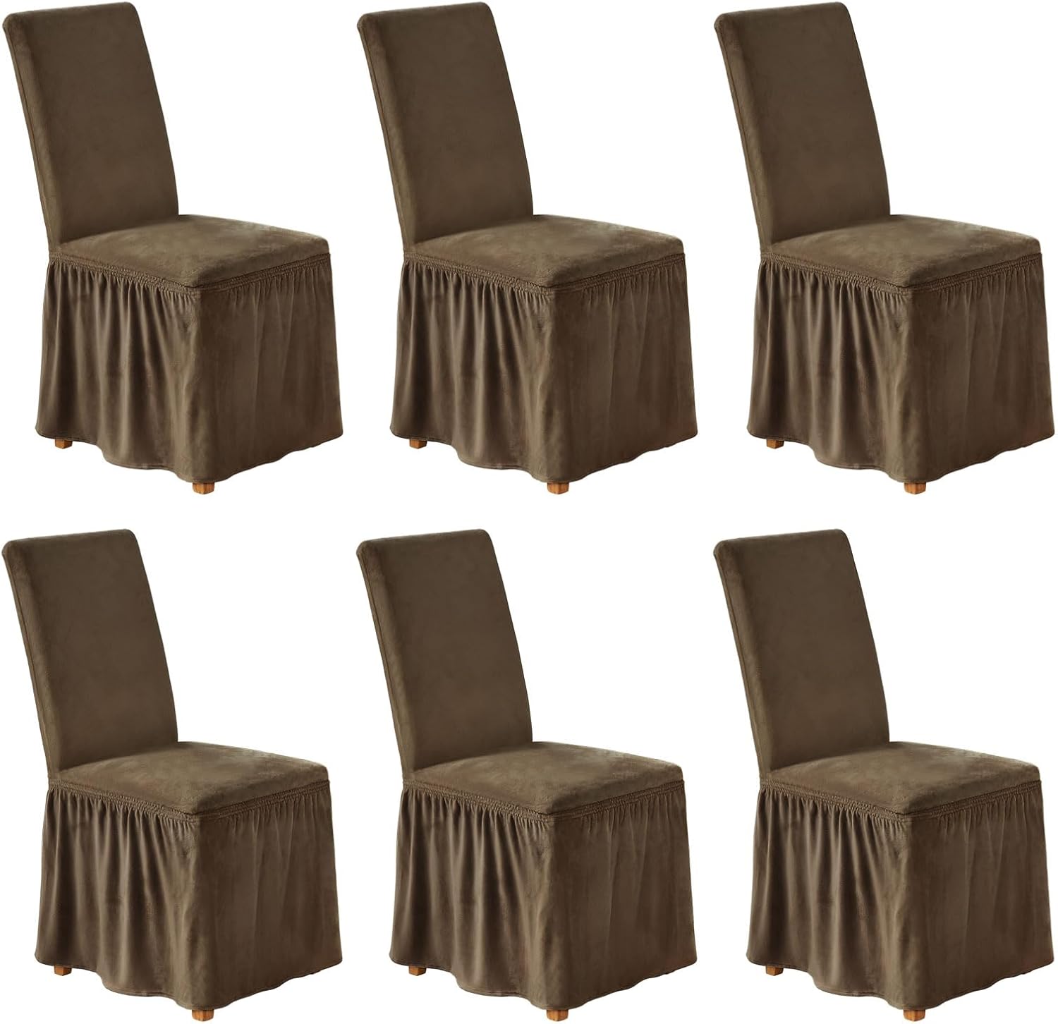NICEEC Spandex Chair Covers for Dining Chairs Covers Set of 6 Removable Dining Room Chair Covers with Skirt Parson Chair Slipcovers Washable Chair Protector for Kitchen Wedding Party Banquet(Brown)