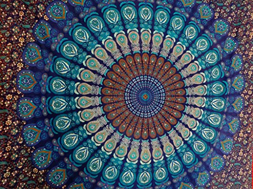 Trade Star Exports Blue Color Theme Queen Size Mandala Wall Tapestries, Psychedelic Indian Tapestry Bedding, Bohemian Wall Hanging, Floral Print Bed Cover #TOP2
