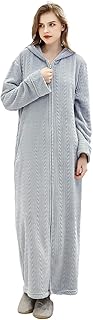 Hellomamma Long Hooded Zipper Bathrobe for Womens Flannel Fleece Robes Winter Warm Housecoat Nightgown