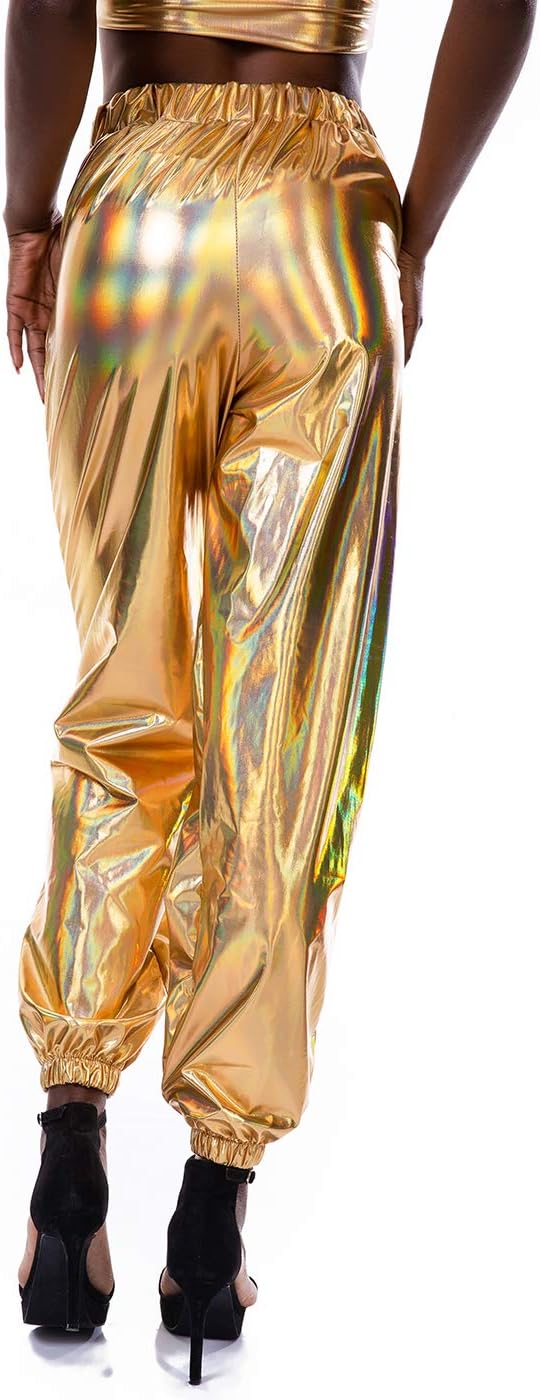 SIAEAMRG Womens Shiny Metallic High Waist Stretchy Jogger Pants, Wet Look Hip Hop Club Wear Holographic Trousers Sweatpant - Image 3