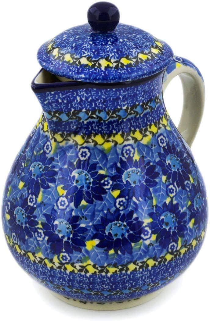 Polmedia Polish Pottery Pitcher with Lid UNIKAT - Deep Blue Pattern Handmade in Boleslawiec Poland by Ceramika Artystyczna + Certificate of Authenticity