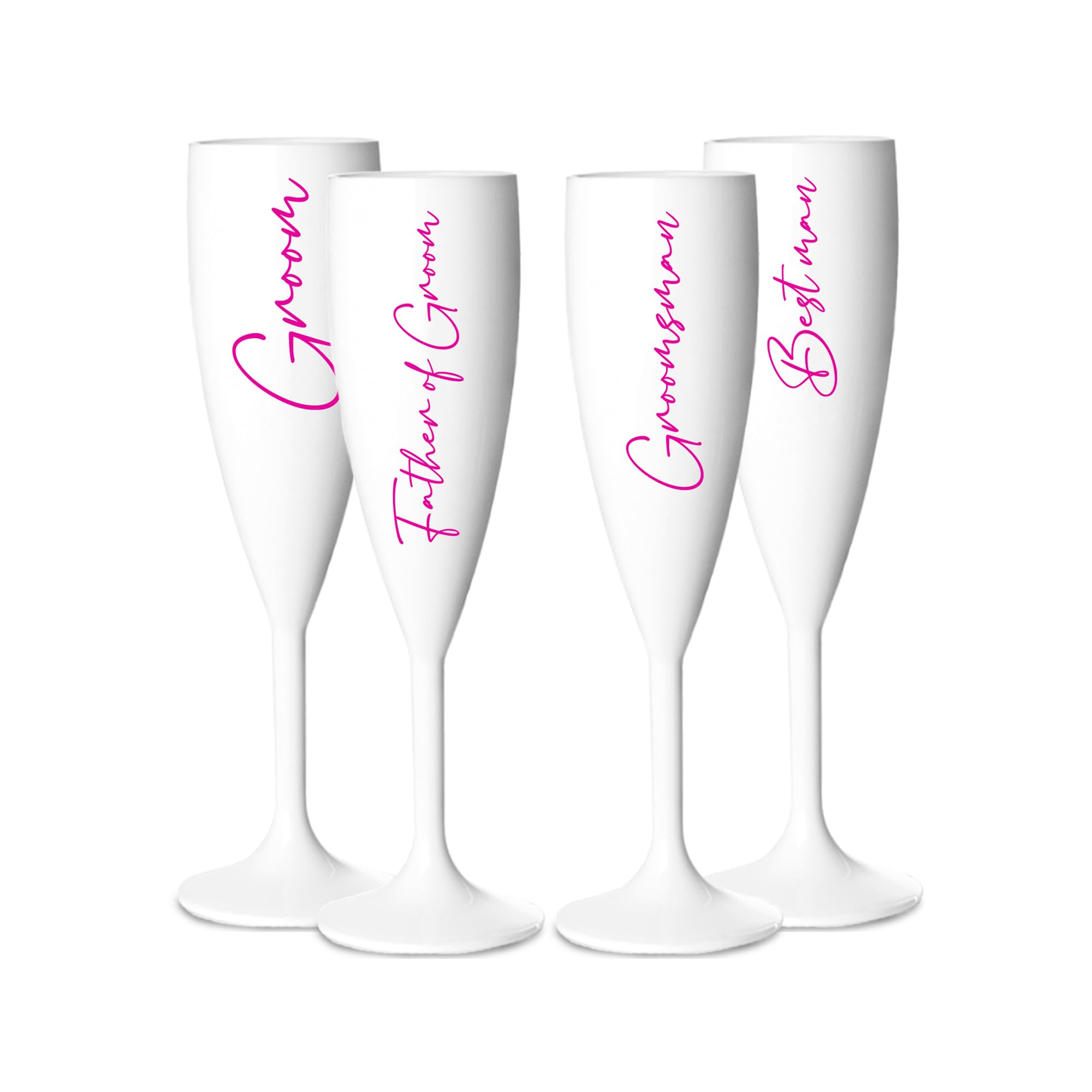 Print Maniacs Champagne Premium White Flute Glass Bride Groom Mr Mrs Wedding Maid Honour Wine Cocktail Prosecco Celebrations Gift (Pink, Set of 4 Grooms Side)