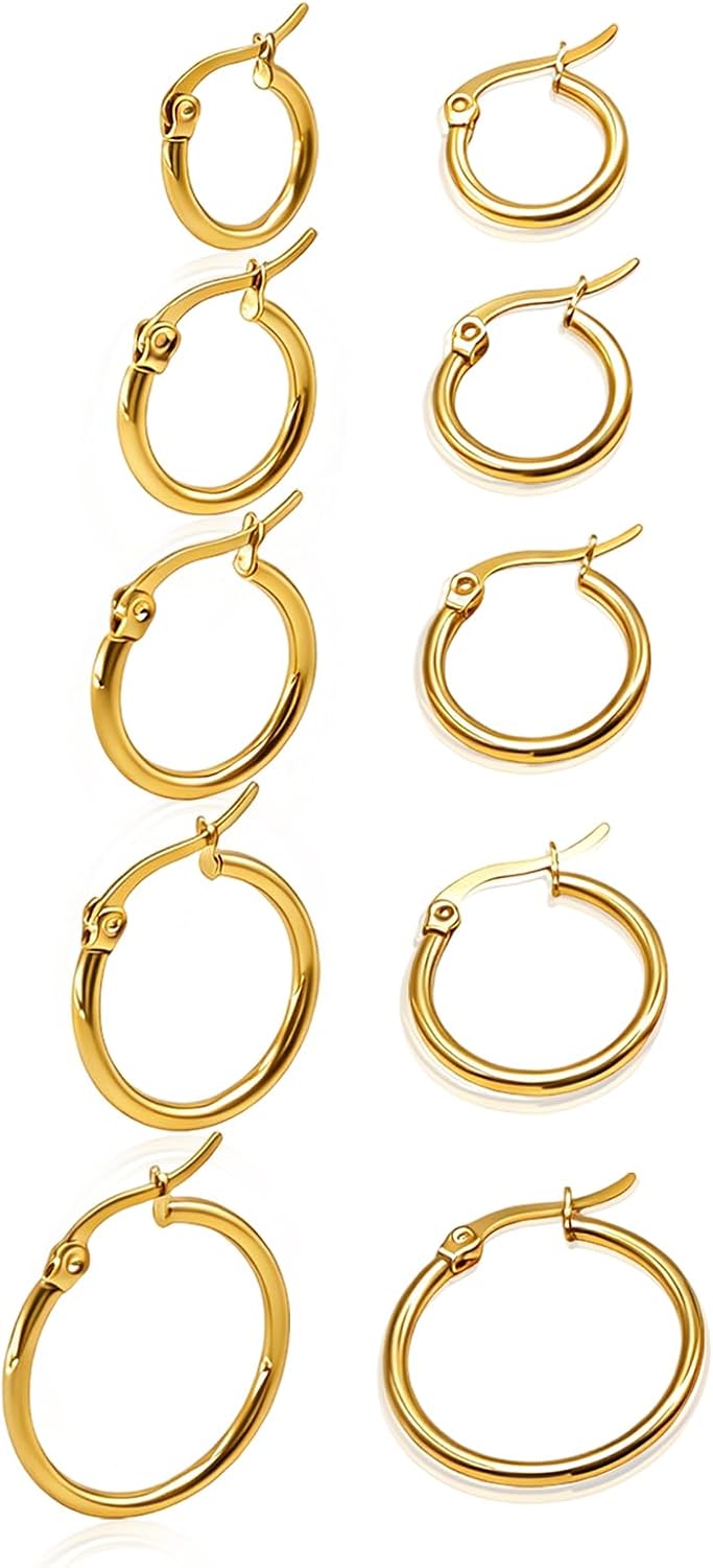 5 Pairs Silver Gold Small Hoop Earrings for Women Surgical Steel Huggie Set | 10 12 14 16 20 mm, Lightweight, Hypoallergenic, 14K Gold Plated 316L Stainless Steel Jewelry, Multiple Piercing