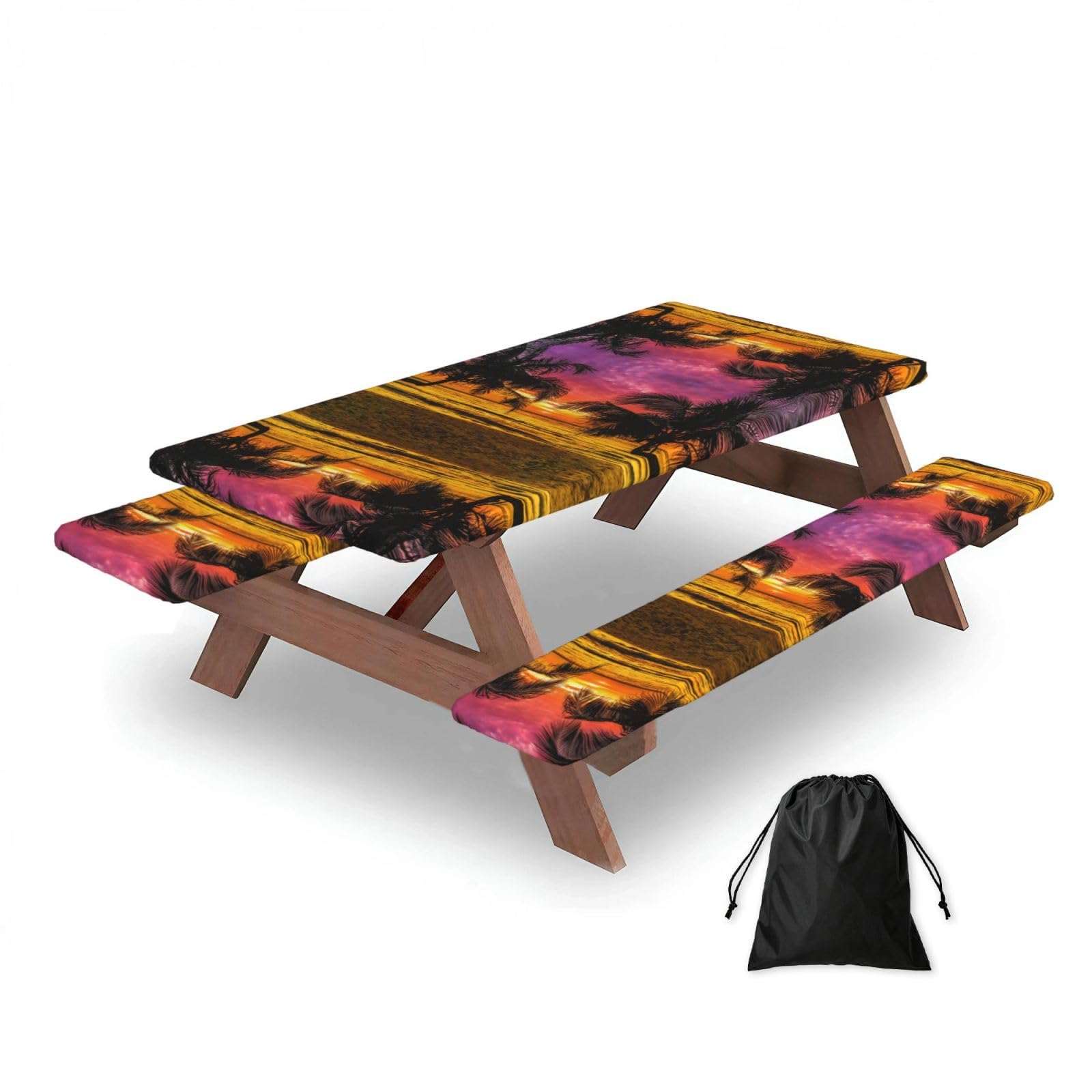 ESNAIUVCD Tropical Flower Palm Tree Print Picnic Table Cover With Bench Covers,Camping Essentials,Fitted Tablecloth Cover With Elastic Edge, For Indoor & Outdoor 3 Pcs
