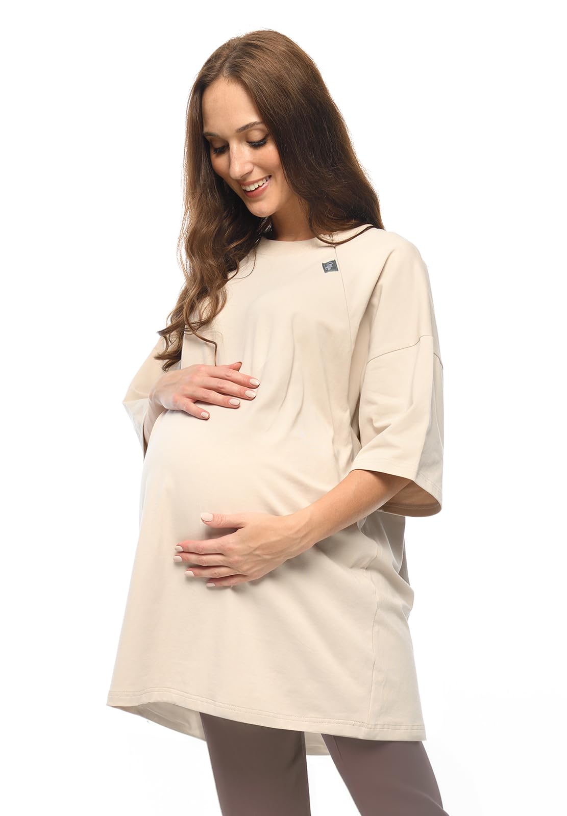 MijaCulture T-shirt 2 en 1 / Homewear / Chemise de nuit d'allaitement et de grossesse M024 Ambre (beige, L/XL)