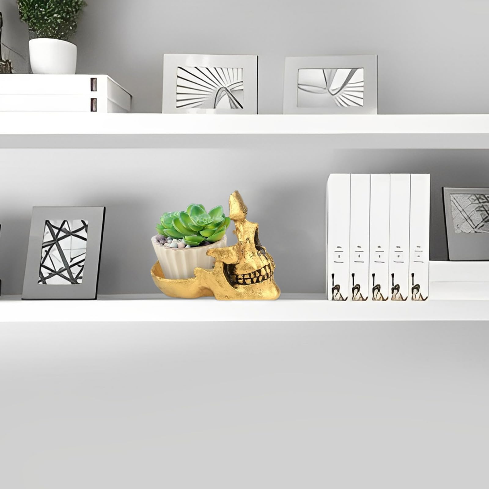 Gold Totenkopf-Brillenhalter Kreativer Schädel Sonnenbrillen Ständer 3D-Skelett Brillen-Organizer mit Schmuck Schale,Brillen Halter Display Ständer für Zuhause, Büro, Schreibtisch, Nachttisch