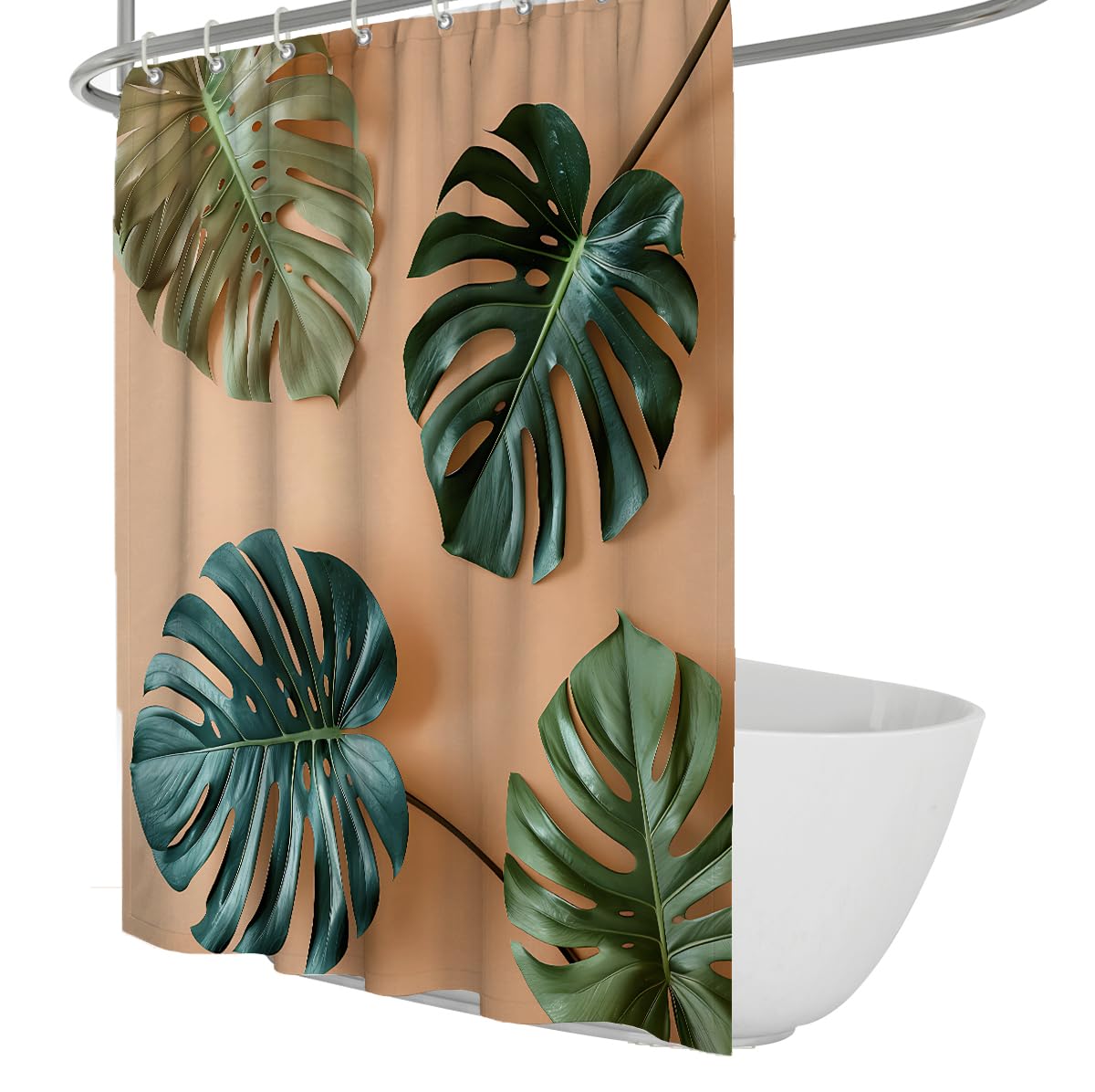 UIRINGART Tropical Palm Leaves Terracotta Shower Curtain W100xL200cm Boho Polyester Quick Dry Bathroom Drapery Mould Resistant Waterproof Bath Screen with hooks