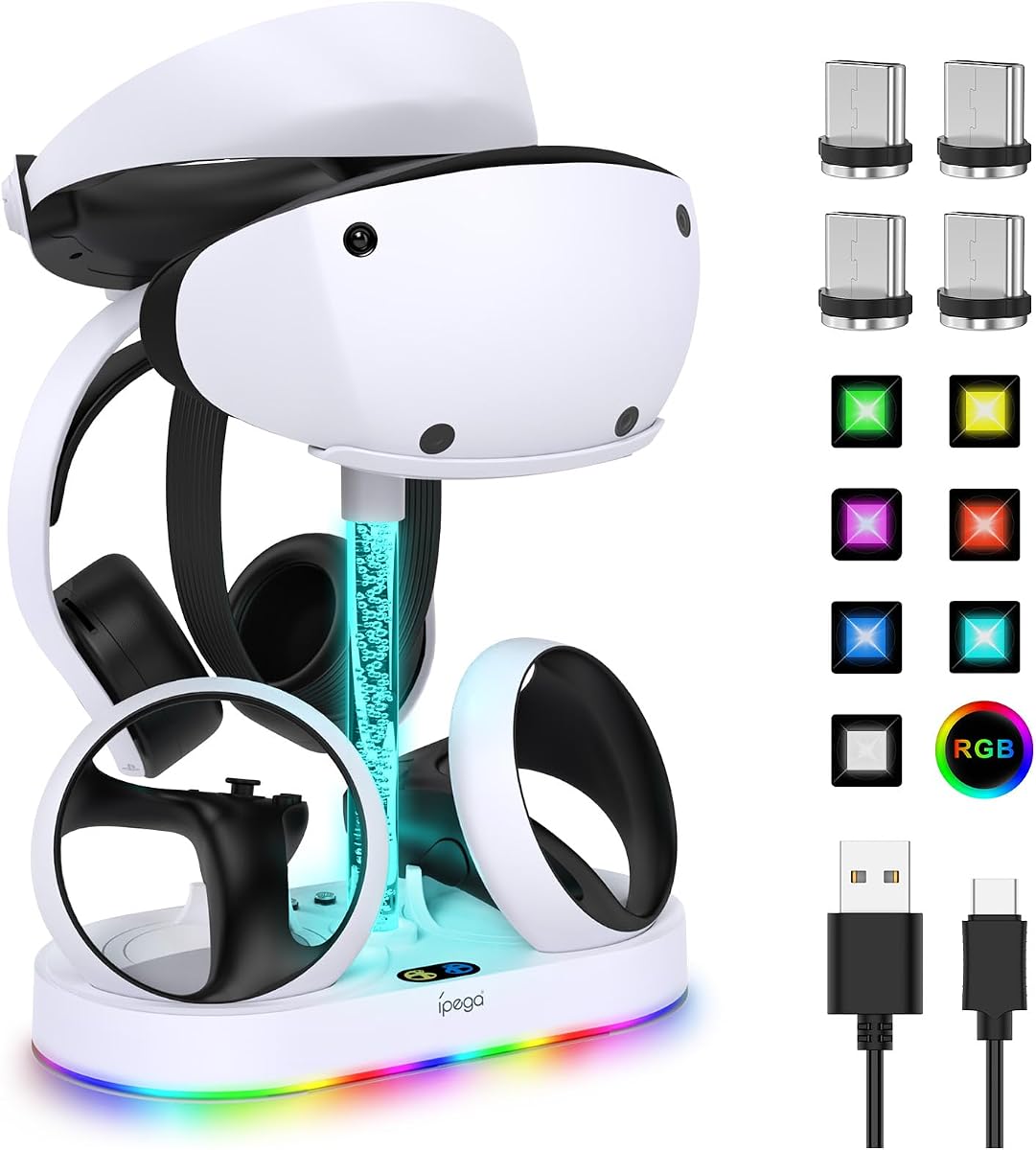 RGB Charging Stand & Storage Station for PS VR2 - Light White | Fast PS5 VR2 Controller Charger Dock, Multifunctional Charging Station for PSVR2 Headset, 10 RGB Modes Post & Base of Memory