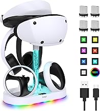FASTSNAIL RGB Charging Station for PS VR2 Sense Controller, Charging Dock for PS5 Playstation VR2 Headset Display Accessories, Vertical Stand for PSVR2 with 15 Led Lights ＆ 4 Type-C Magnetic Adapters