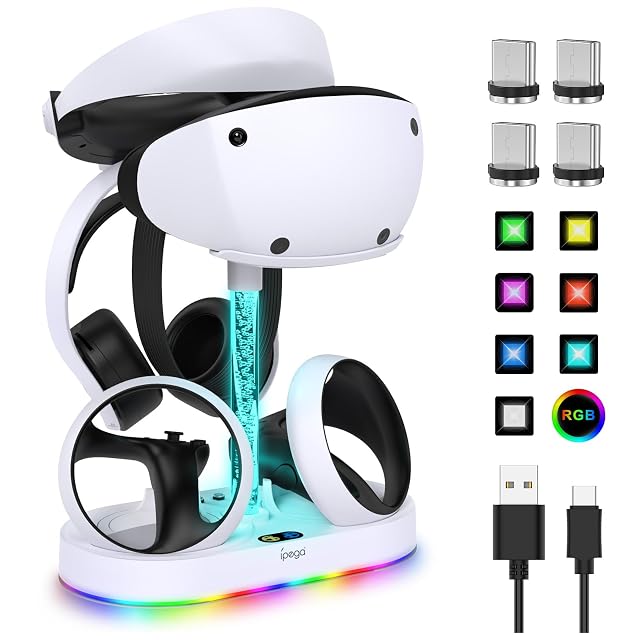 FASTSNAIL Charging Stand for PlayStation VR2 Multifunction Vertical PS VR2 Headset Sense Controllers Charge Dock Station with 10