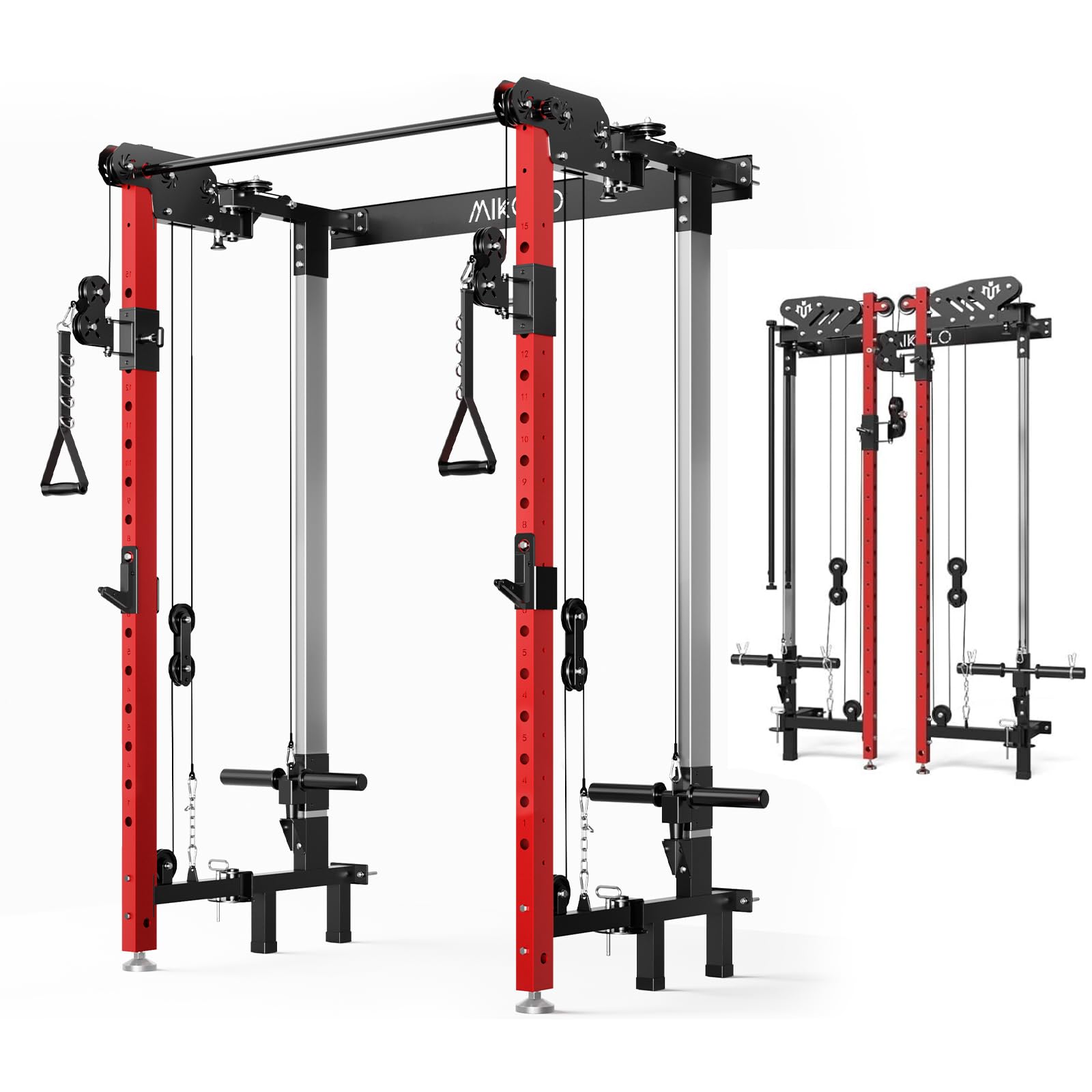 Mikolo Folding Squat Rack, Wall Mounted Power Rack with Cable Crossover Machine & LAT Pull Down, Functional Trainer with 5 Adjustable Function Modes, for Home Gym and Space Saving
