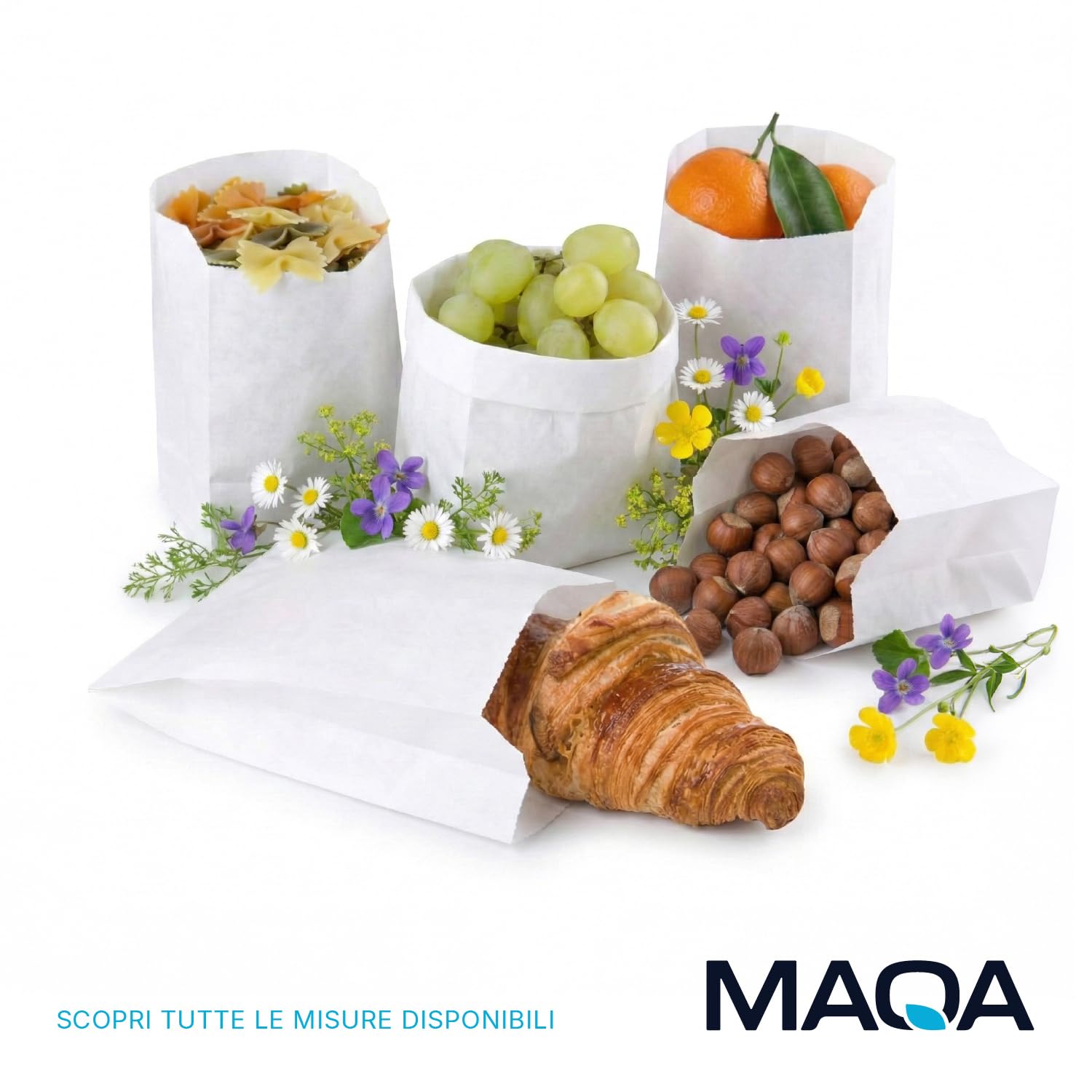 MAQA Bolsas de papel kraft blanco para alimentos Bolsa de papel kraft blanco para croissants, pizzas, dulces, almendras garrapiñadas, caramelos 19+15x38 cm/1000