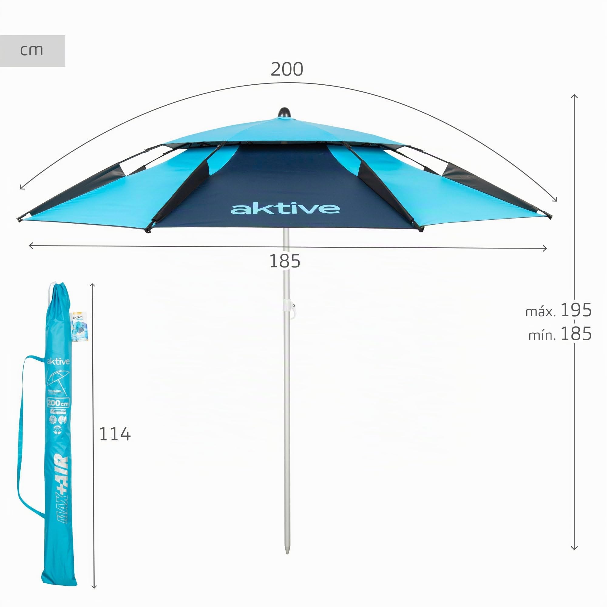 AKTIVE 62427 Sombrilla de playa antiviento azul, con protección UV50, inclinación ajustable, 8 varillas de fibra de vidrio y funda de transporte, 200 cm