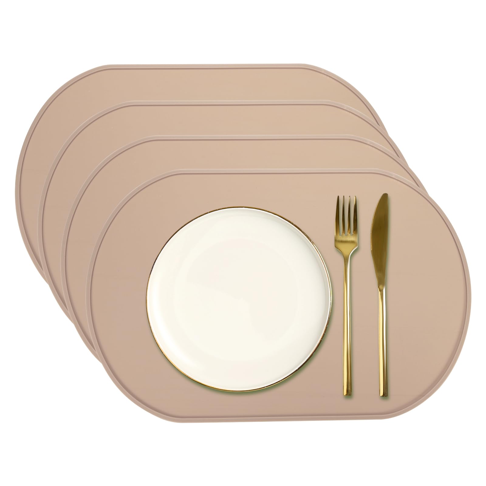 sourcing map 4 Pcs Oval Silicone Placemat, 15.4" x 10.4" Non-Slip Washable Table Placemats Heat Resistant Waterproof Mat with High Edge for Table Kitchen Desk Protection, Brown Red
