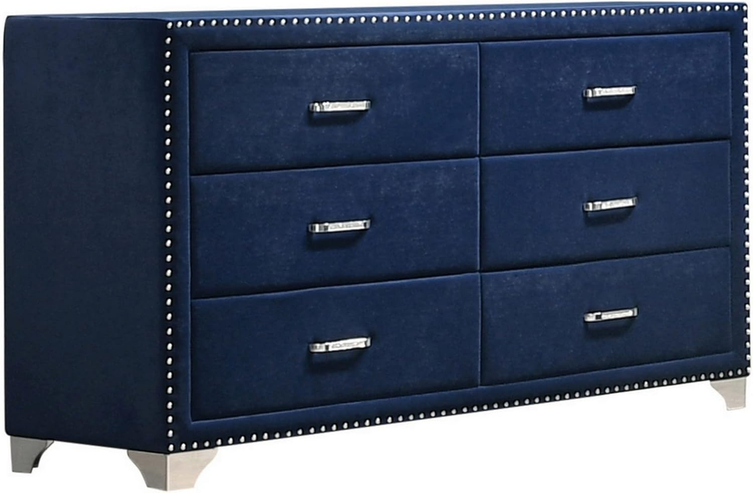 Benjara Cale 60 Inch Modern Glam Wood Dresser, 6 Drawer, Velvet, Nailhead
