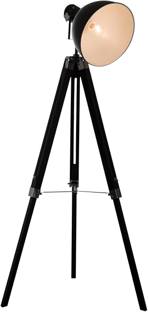 HOMCOM Industrial Floor Lamp for Living Room Tripod Spotlight Reading Lamp w/Wood Legs Metal Shade Adjustable Height Angle for Bedroom Home Office Black and White