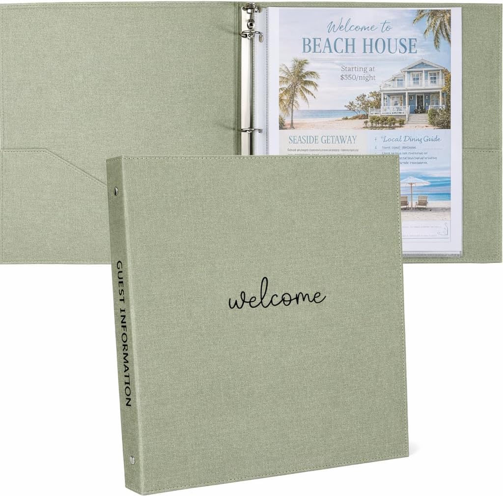 Welcome Binder for Short Term Rentals –Green Linen Fabric 3 Ring Folder for Airbnb, Vacation Home, House Manual & Guest Information - Letter Size